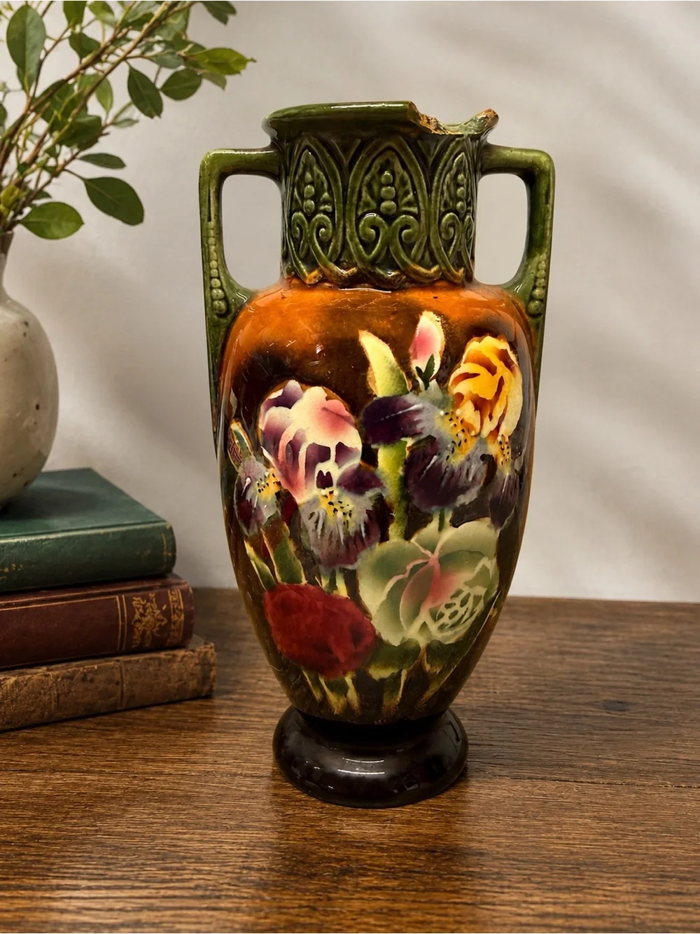 Antique Art Nouveau Hand Painted Floral Pottery Vase Green Handles 8” AS IS